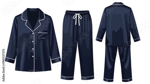 Elegant navy blue sleepwear set featuring a classic button-up long-sleeve top and comfortable drawstring trousers for luxurious relaxation and cozy
