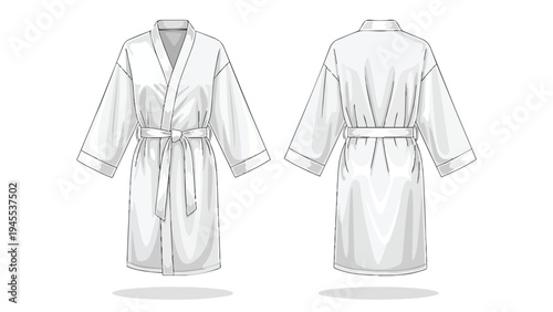 Detailed vector illustration of a blank white unisex bathrobe, showing front and back views for textile design, apparel branding, and comfort wear