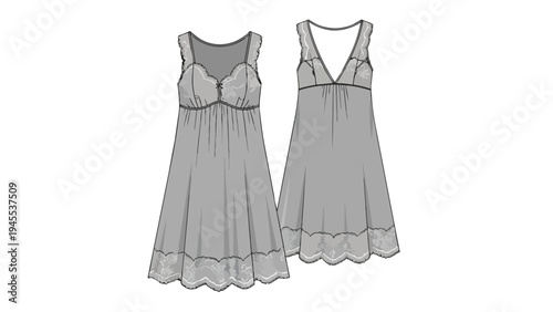Elegant lace-trimmed babydoll slip dress technical drawing perfect for fashion design and apparel production development for women's intimate wear