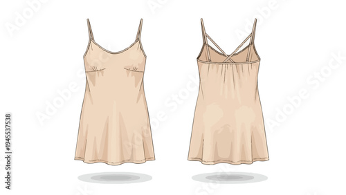 Elegant vector illustration of a women's beige slip dress, showing front and back views