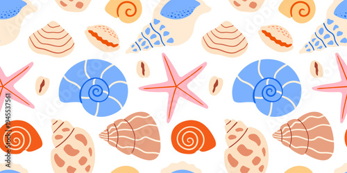 Seamless pattern with colorful shells