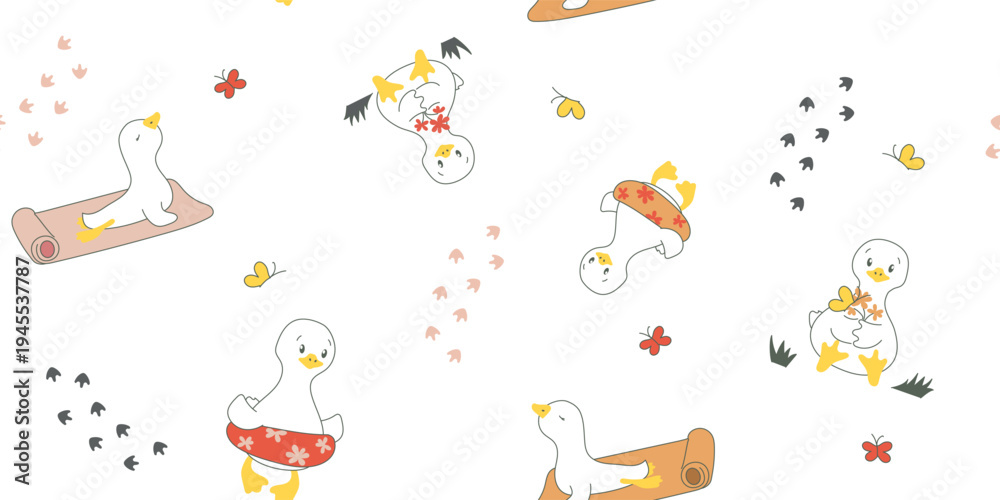 Obraz premium Cute Baby Goose Yoga Autumn Seamless Nursery Pattern