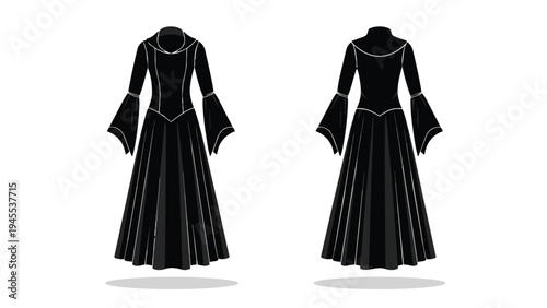 Elegant vector illustration of a long black medieval-inspired gown, showcasing front and back views with flowing bell sleeves and subtle white trim