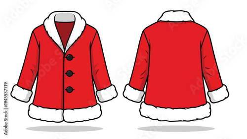 Vibrant ruby-red festive jacket with plush white faux fur trim, presented in front and back views, embodying warm winter holiday attire perfect for