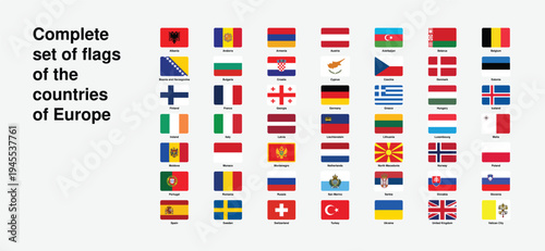Complete Set of European Flags – All Countries of Europe Flag Collection Vector Icons with Names