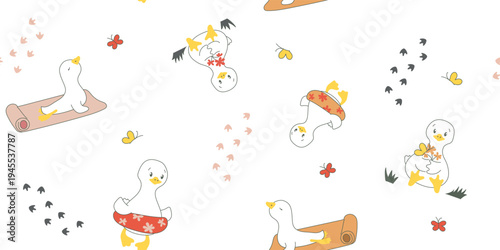 Cute Baby Goose Yoga Autumn Seamless Nursery Pattern