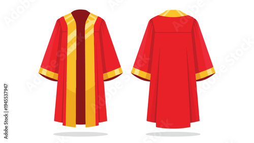 Elegant academic ceremonial robe in vibrant red and shimmering gold, displayed with distinct front and rear views, signifying educational success