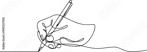 Hand holding pen illustration in simple line art style with transparent background, creative writing and drawing concept