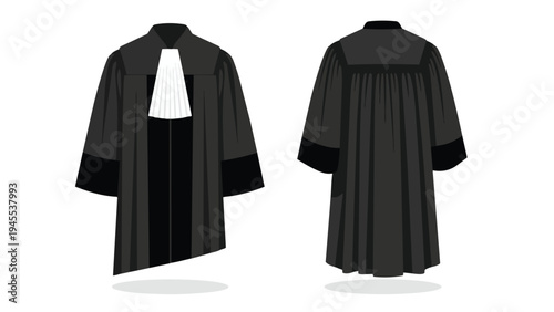 A professional illustration depicting a black legal robe, complete with a distinct white jabot, shown from both front and back. Represents law,