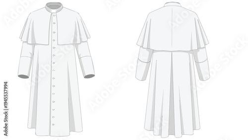 Elegant white clerical cassock illustration showing front and back views, perfect for ecclesiastical and formal attire designs