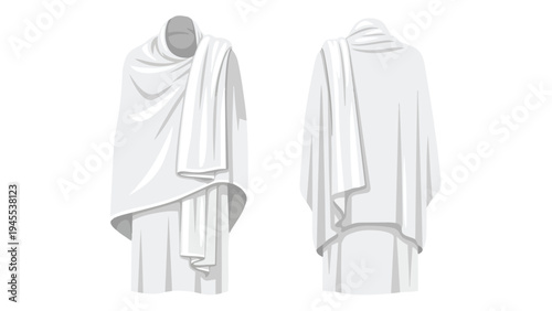 An elegant white draped garment illustration, meticulously showcasing both front and back views, perfectly embodying purity, simplicity, and