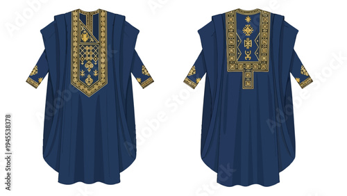 Luxurious blue traditional garment featuring intricate golden embroidery, showcasing exquisite cultural patterns and elegant design artistry in its