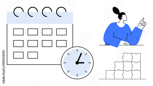 Time management concept. Calendar and clock scheduling and deadlines. Puzzle pieces signify task organization, while the person suggests human interaction. Ideal for productivity, planning, teamwork