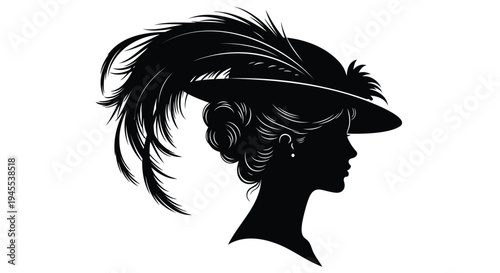 Black silhouette of woman wearing hat with feather