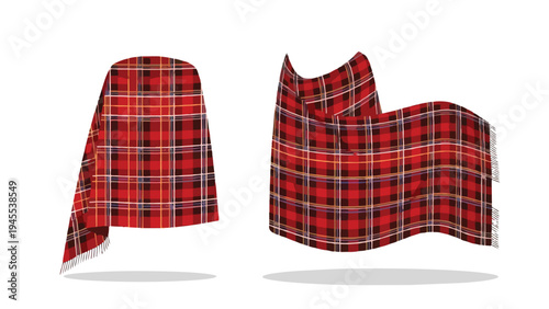 Illustrative depiction of two distinct red tartan fabric swatches showcasing vibrant classic plaid patterns for textile design and cozy winter