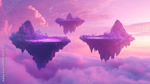 Fantasy floating islands against a pink and purple sunset sky landscape