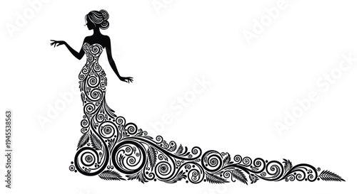 Black and white vector illustration of a woman in a floral dress