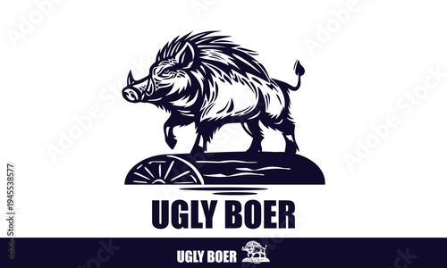 great ugly boar on floating wood logo, silhouette of big beast standing vector illustrations