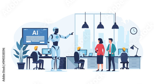 Flat 2D illustration of office workers interacting with a robot presenting AI on a screen, automation replacing tasks concept.