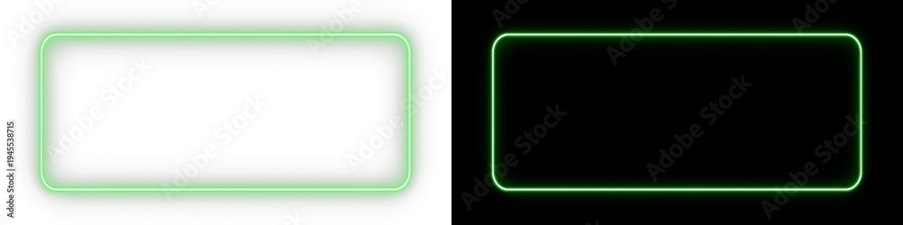 Obraz premium Bright neon green rectangle frame on split background. Minimalist glowing neon border ideal for overlays, posters, and digital artwork.