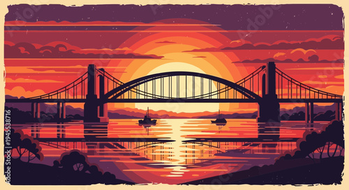 Vibrant Sunset Over Arch Bridge Reflected in Water with Boats, Pixel Art Style
