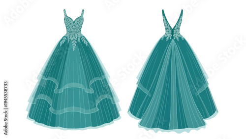 Exquisite teal formal gown rendered in dual perspectives showcasing intricate bodice embroidery and luxurious layered tulle skirt design for