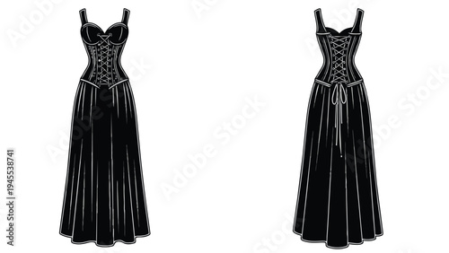 Elegant Black Corset Gown Illustration Front and Back Views for Fashion Design and Digital Art