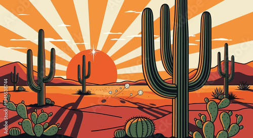 Desert Landscape at Sunset with Saguaro Cacti and Sun Rays