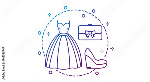 Fashion icons set with dress, high heel, and handbag vector