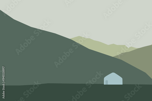 Minimalistic landscape illustration with mountains and a yurt in a valley, vector graphics, nature background with calm earthy tones.