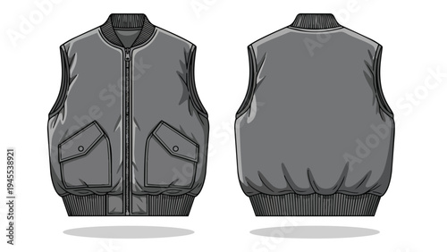 Sleek gray sleeveless bomber vest design template, front and back views, ready for apparel creation