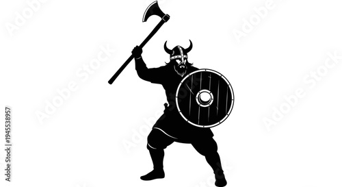 Silhouette of a Fierce Viking Warrior with Axe and Shield.