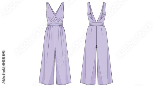The elegant deep v-neck pleated waist wide-leg jumpsuit flat sketch design blueprint showcasing front and back views for contemporary fashion