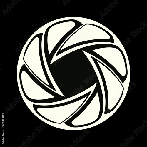 Abstract camera aperture symbol on black background with represents photography, optics, and focus