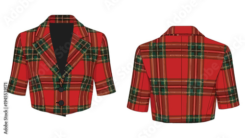 Vibrant festive tartan patterned short-sleeve cropped blazer fashion design illustration showcasing front and back views for modern stylish