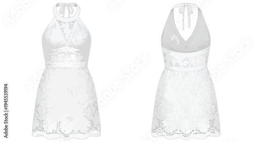 White halter neck dress with lace pattern front and back views for summer fashion design