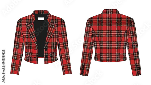 Contemporary vibrant plaid cropped blazer flat technical sketch showcasing sophisticated design for modern apparel collections and fashion design