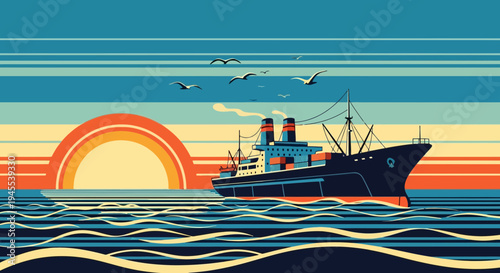 Vintage cargo ship sailing at sunset with seagulls flying in a stylized, retro graphic style.