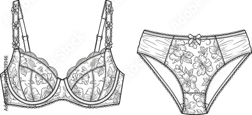 Floral lace women lingerie set illustration, bra and panties underwear fashion vector drawing elegant female intimate apparel design