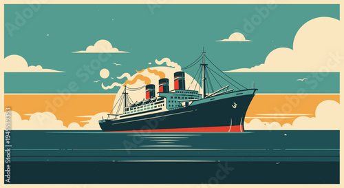Vintage Ocean Liner Sailing at Sunset with Dramatic Clouds and Waves