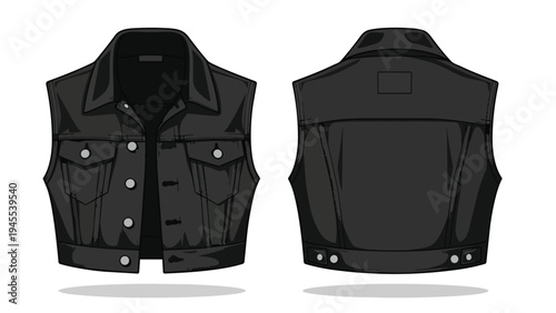 Sleek black sleeveless outerwear garment design vector illustration displaying both front and back views perfect for fashion mockups or apparel