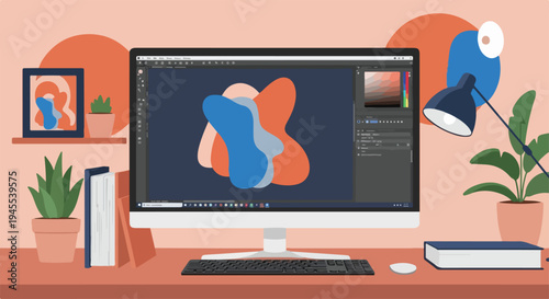Flat 2D illustration of a computer monitor displaying graphics on a cluttered desk with technology and ecosystem design elements.