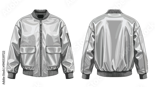 Contemporary silver bomber jacket design illustration front and back views for fashion projects. This modern apparel mockup offers versatile usage