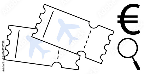 Airfare search concept. Plane tickets and euro currency symbol booking and travel cost. Airfare trends and savings calculations. For travel planning, budgeting, tourism apps, fare comparison, expense