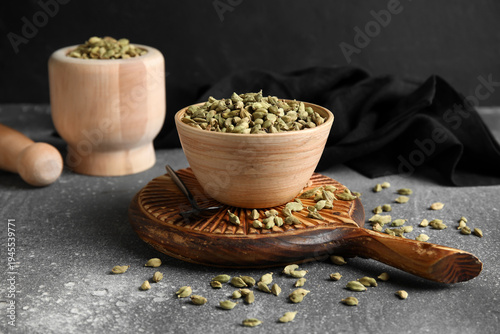 Bowl and wooden mortar with...