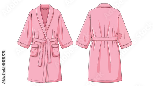 Cozy pink bathrobe illustration showing front and back views perfect for relaxation and comfort at home or spa elegant and soft loungewear design