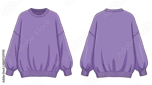 Flat illustration of a stylish purple oversized sweatshirt, showcasing front and back views with dropped shoulders and gathered sleeves, perfect for