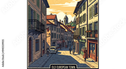 Pixel Art Old European Town Street Scene with Vintage Car and Buildings at Sunset