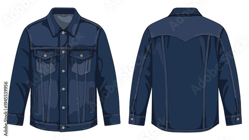 Detailed vector blueprint of a classic dark blue denim jacket, presenting both front and back views with intricate stitching and button details.