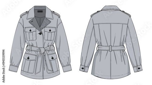 Professional flat sketch displaying a contemporary women's belted utility jacket design, featuring structured shoulder epaulets and multiple